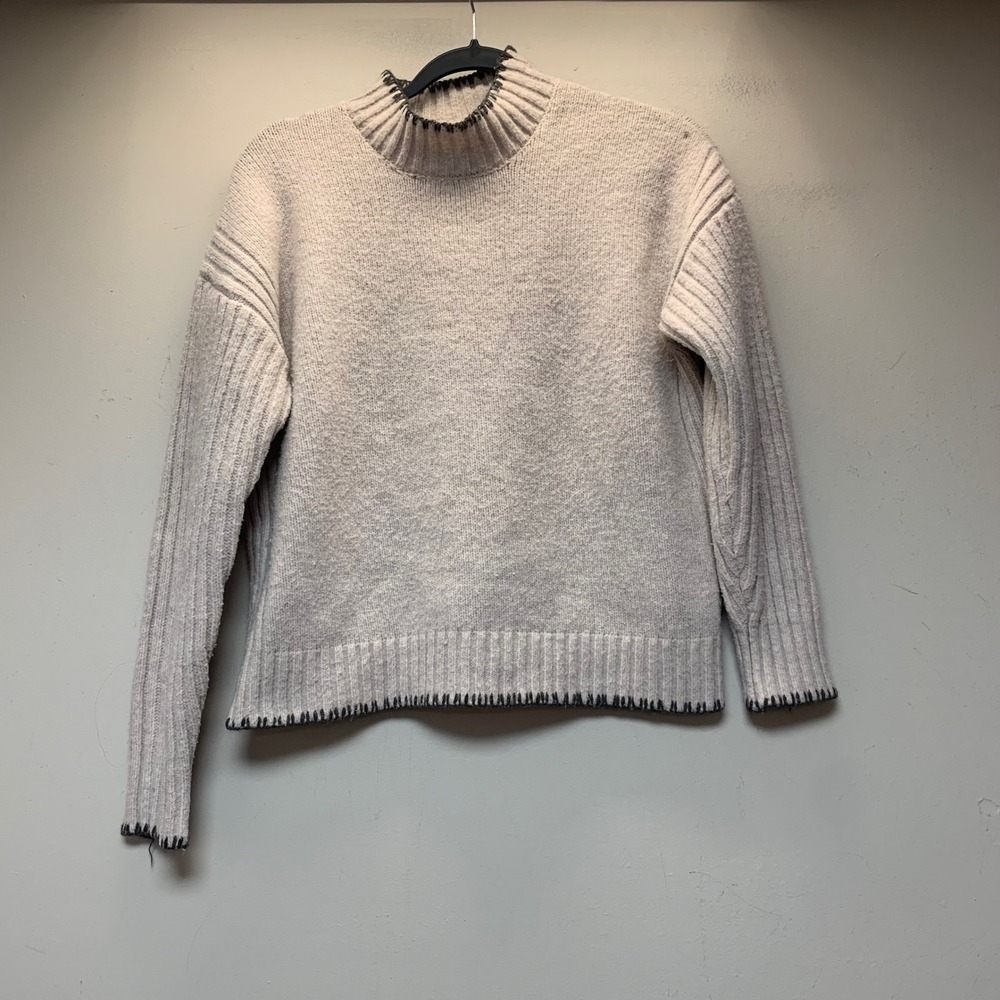 Joie Mock Neck Sweater Womens Small Oatmeal Contrast Stitch Ribbed Good 15676